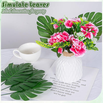 100Pcs Artificial Monstera Leaves Fake Tropical Faux Palm Leaves with Stem for Jungle Hawaiian Dinosaur Luau Party Table Decoration Wedding Birthday Theme Party, Leaf Size: 7''x 5''
