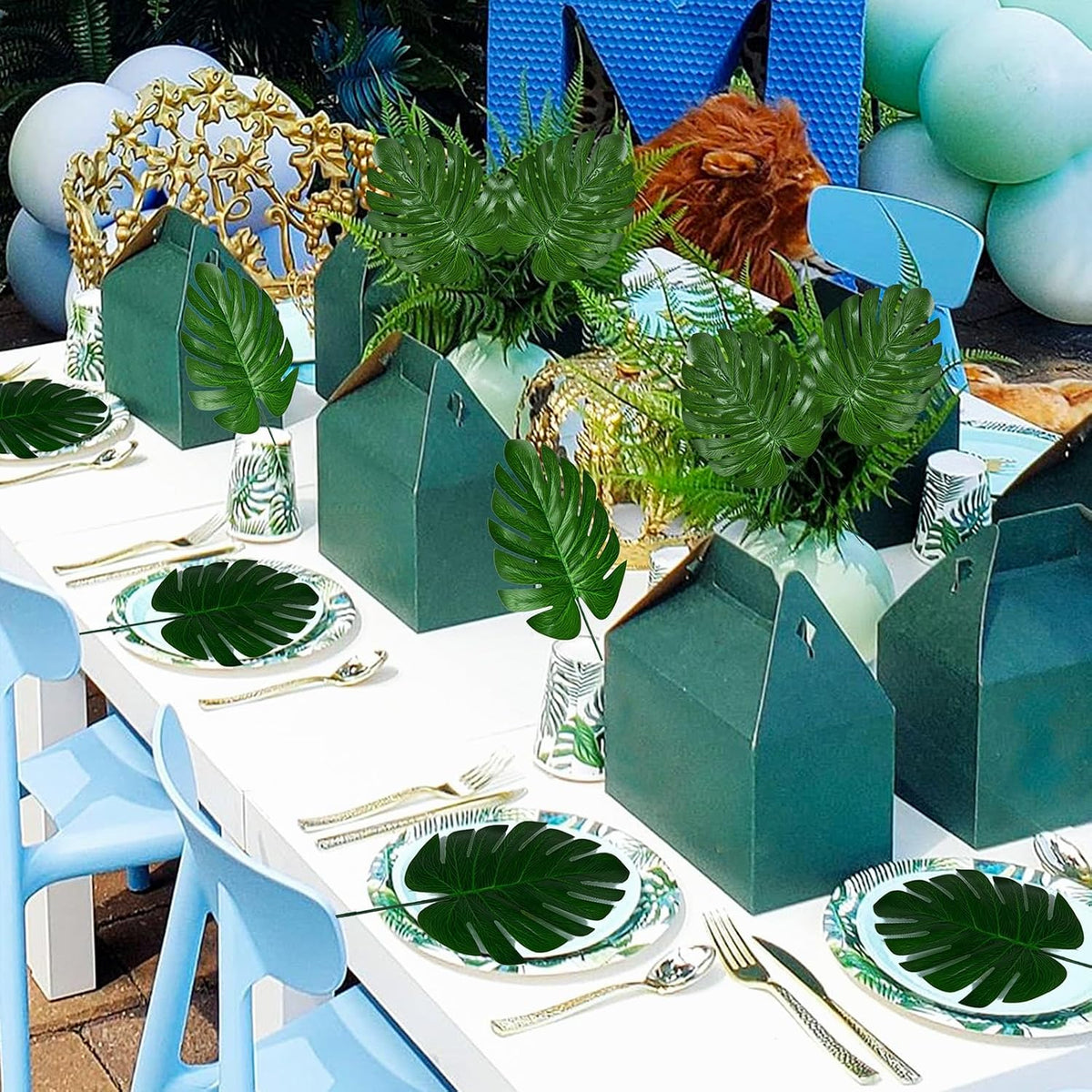 100Pcs Artificial Monstera Leaves Fake Tropical Faux Palm Leaves with Stem for Jungle Hawaiian Dinosaur Luau Party Table Decoration Wedding Birthday Theme Party, Leaf Size: 7''x 5''