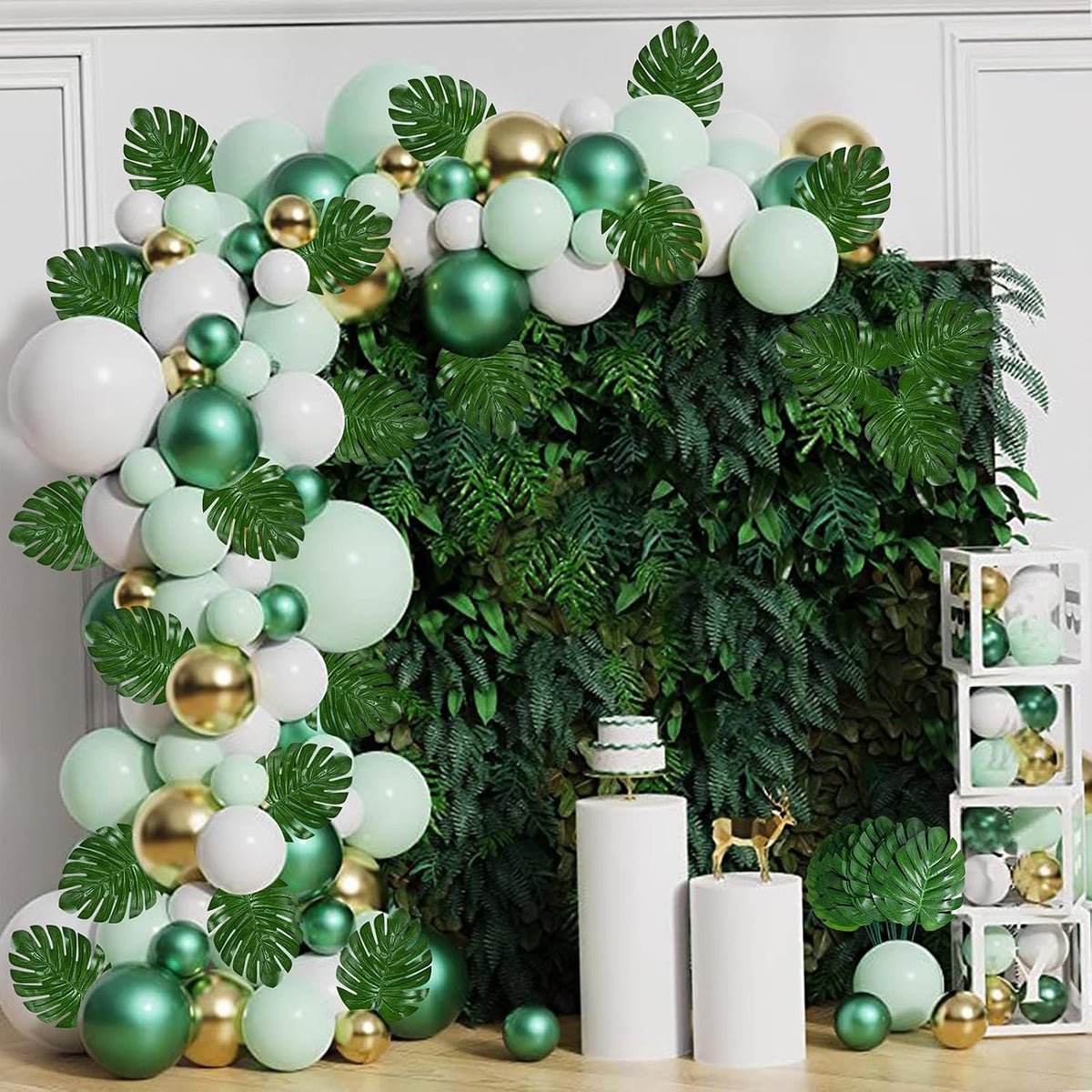 100Pcs Artificial Monstera Leaves Fake Tropical Faux Palm Leaves with Stem for Jungle Hawaiian Dinosaur Luau Party Table Decoration Wedding Birthday Theme Party, Leaf Size: 7''x 5''