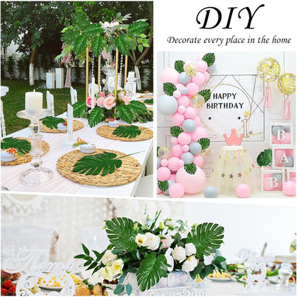100Pcs Artificial Monstera Leaves Fake Tropical Faux Palm Leaves with Stem for Jungle Hawaiian Dinosaur Luau Party Table Decoration Wedding Birthday Theme Party, Leaf Size: 7''x 5''