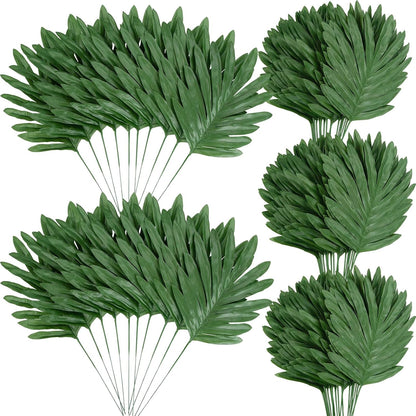 100Pcs Artificial Monstera Leaves Fake Tropical Faux Palm Leaves with Stem for Jungle Hawaiian Dinosaur Luau Party Table Decoration Wedding Birthday Theme Party, Leaf Size: 7''x 5''