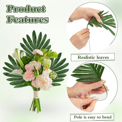 100Pcs Artificial Monstera Leaves Fake Tropical Faux Palm Leaves with Stem for Jungle Hawaiian Dinosaur Luau Party Table Decoration Wedding Birthday Theme Party, Leaf Size: 7''x 5''