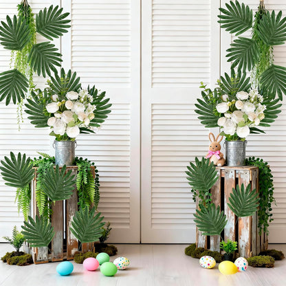 100Pcs Artificial Monstera Leaves Fake Tropical Faux Palm Leaves with Stem for Jungle Hawaiian Dinosaur Luau Party Table Decoration Wedding Birthday Theme Party, Leaf Size: 7''x 5''