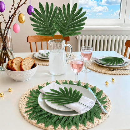 100Pcs Artificial Monstera Leaves Fake Tropical Faux Palm Leaves with Stem for Jungle Hawaiian Dinosaur Luau Party Table Decoration Wedding Birthday Theme Party, Leaf Size: 7''x 5''