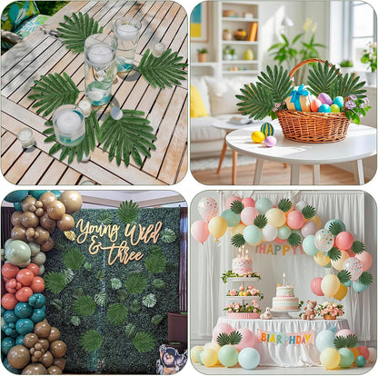 100Pcs Artificial Monstera Leaves Fake Tropical Faux Palm Leaves with Stem for Jungle Hawaiian Dinosaur Luau Party Table Decoration Wedding Birthday Theme Party, Leaf Size: 7''x 5''