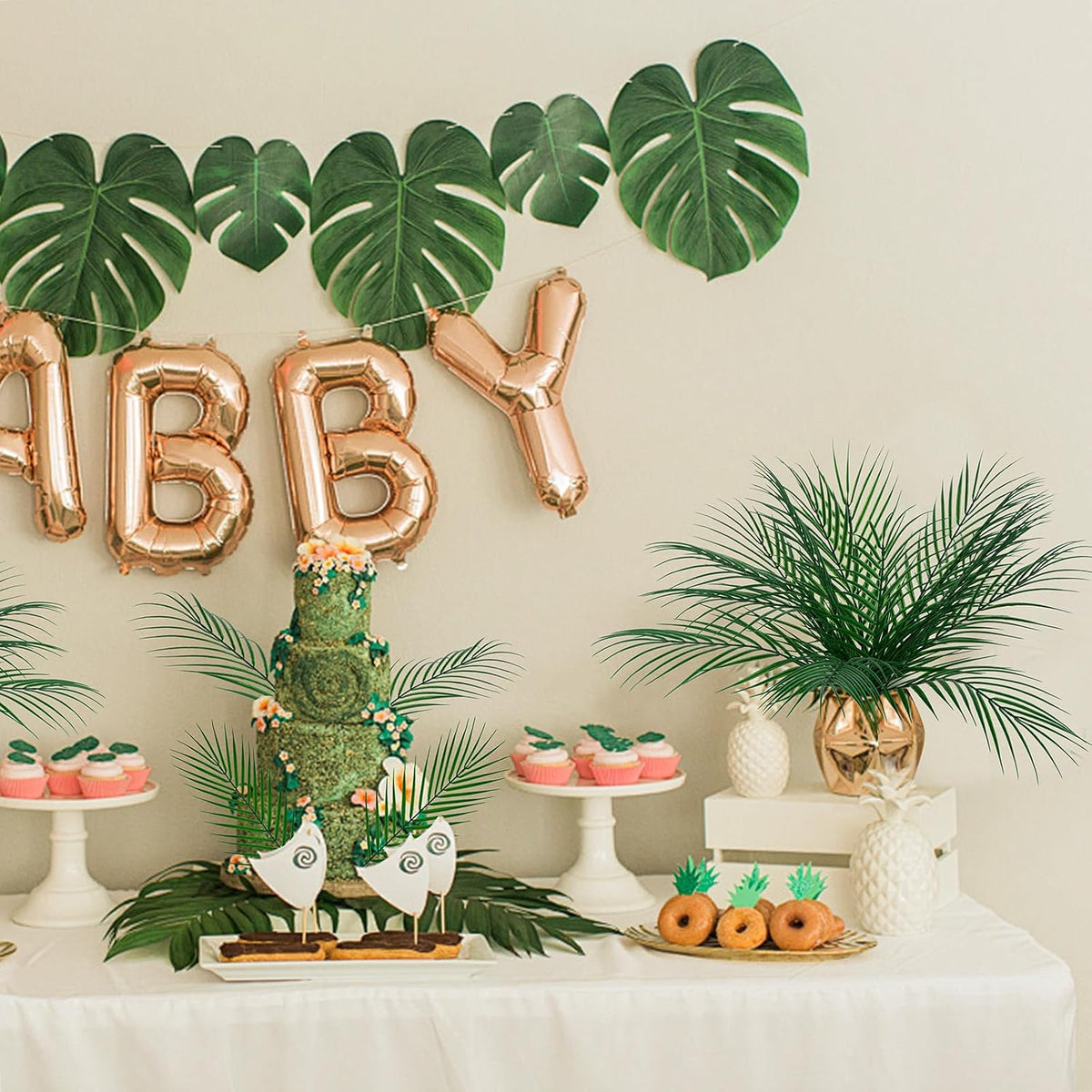 100Pcs Artificial Monstera Leaves Fake Tropical Faux Palm Leaves with Stem for Jungle Hawaiian Dinosaur Luau Party Table Decoration Wedding Birthday Theme Party, Leaf Size: 7''x 5''