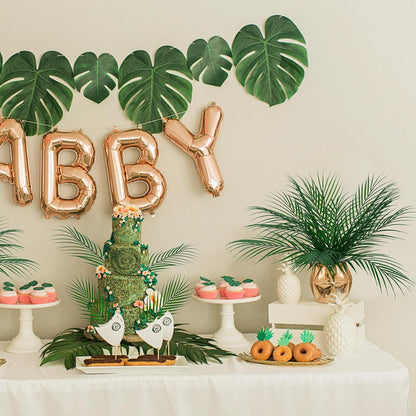 100Pcs Artificial Monstera Leaves Fake Tropical Faux Palm Leaves with Stem for Jungle Hawaiian Dinosaur Luau Party Table Decoration Wedding Birthday Theme Party, Leaf Size: 7''x 5''