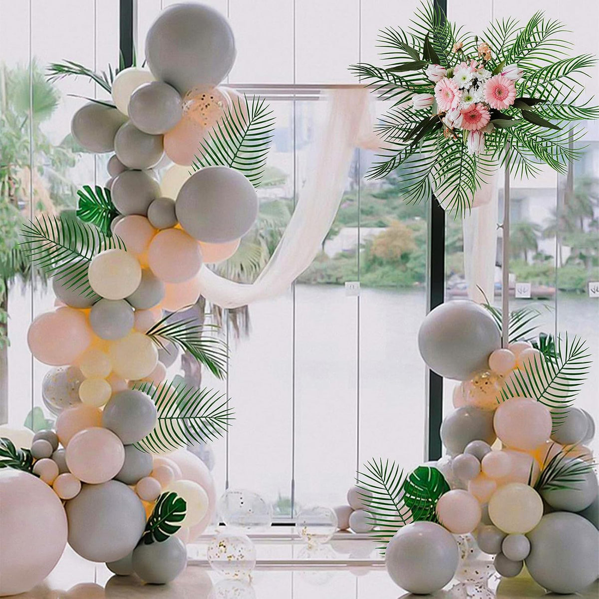 100Pcs Artificial Monstera Leaves Fake Tropical Faux Palm Leaves with Stem for Jungle Hawaiian Dinosaur Luau Party Table Decoration Wedding Birthday Theme Party, Leaf Size: 7''x 5''