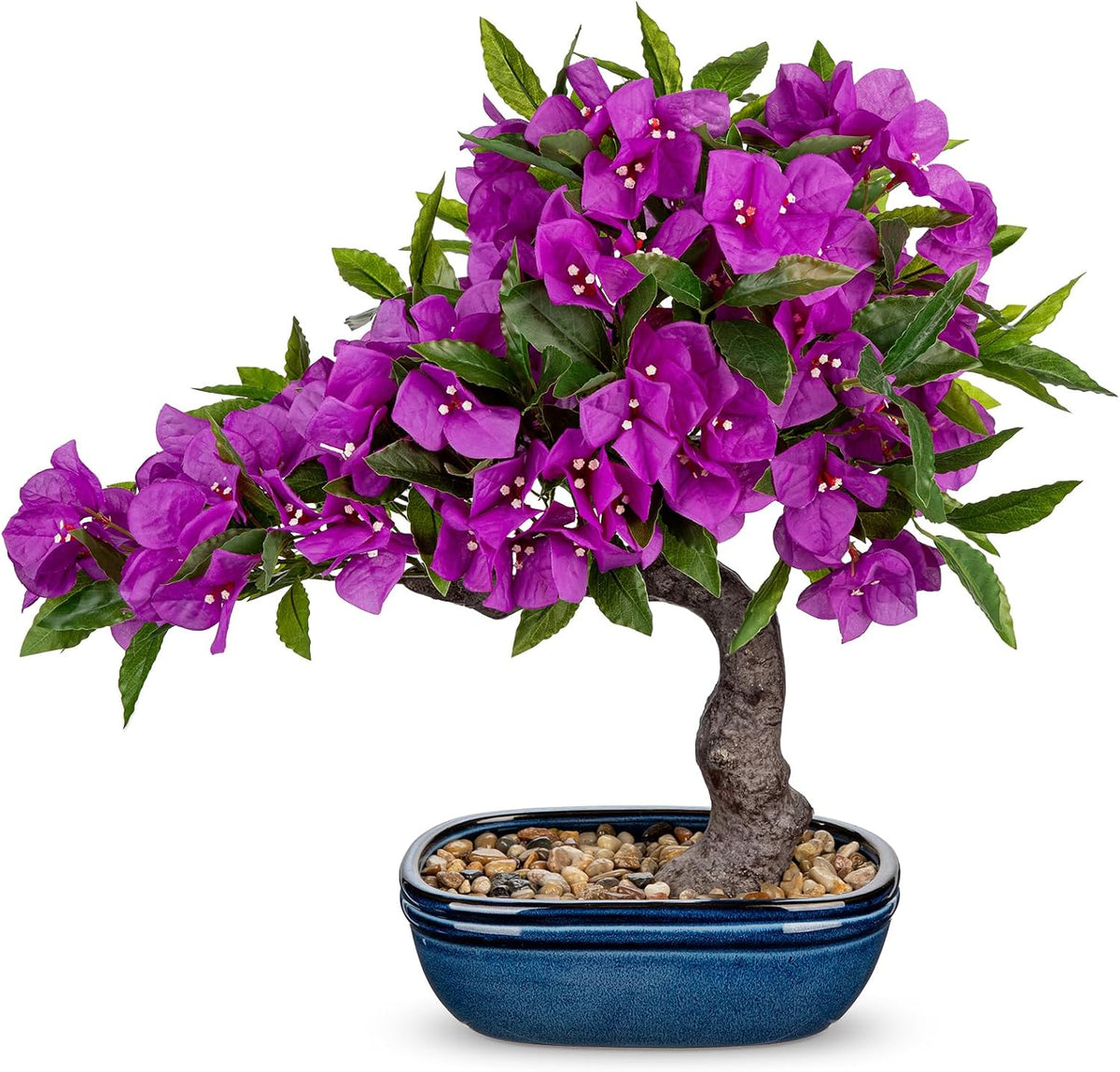Artificial Bougainvillea Bonsai Tree 18.5" Silk Bougainvillea Plant with Blue Pot Fake Bougainvillea Floral Tree for Home Office Room Desk Shelf Zen Décor(Purple)