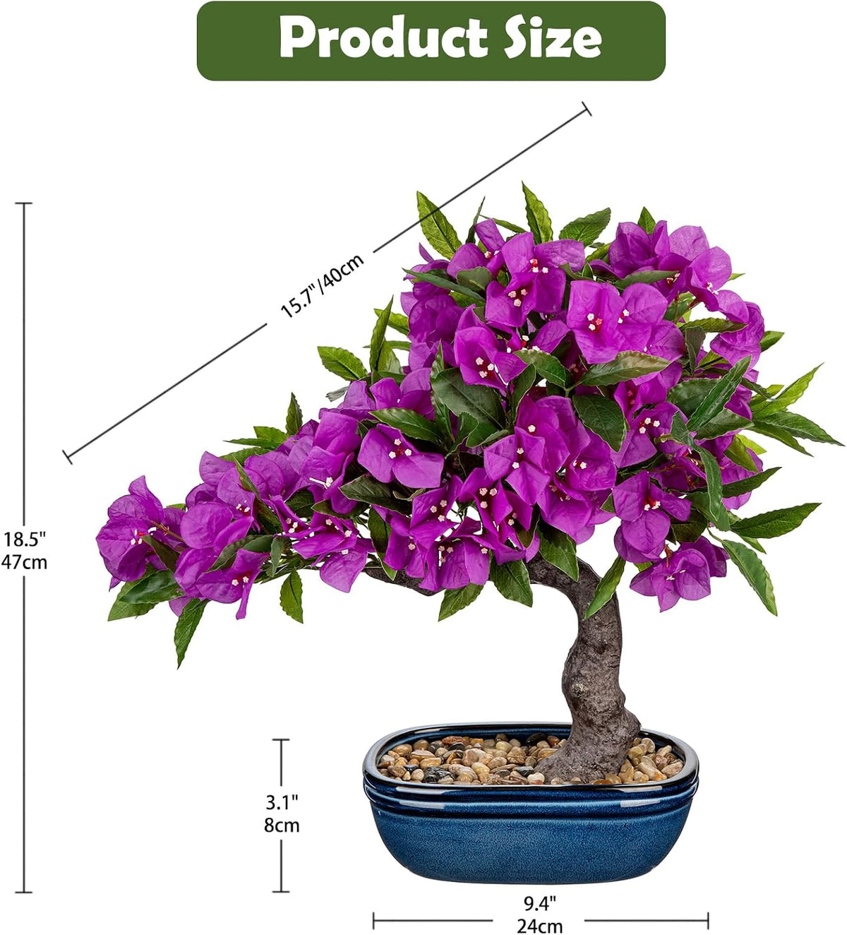 Artificial Bougainvillea Bonsai Tree 18.5" Silk Bougainvillea Plant with Blue Pot Fake Bougainvillea Floral Tree for Home Office Room Desk Shelf Zen Décor(Purple)