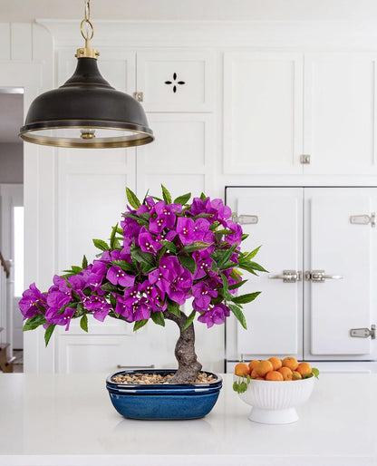 Artificial Bougainvillea Bonsai Tree 18.5" Silk Bougainvillea Plant with Blue Pot Fake Bougainvillea Floral Tree for Home Office Room Desk Shelf Zen Décor(Purple)