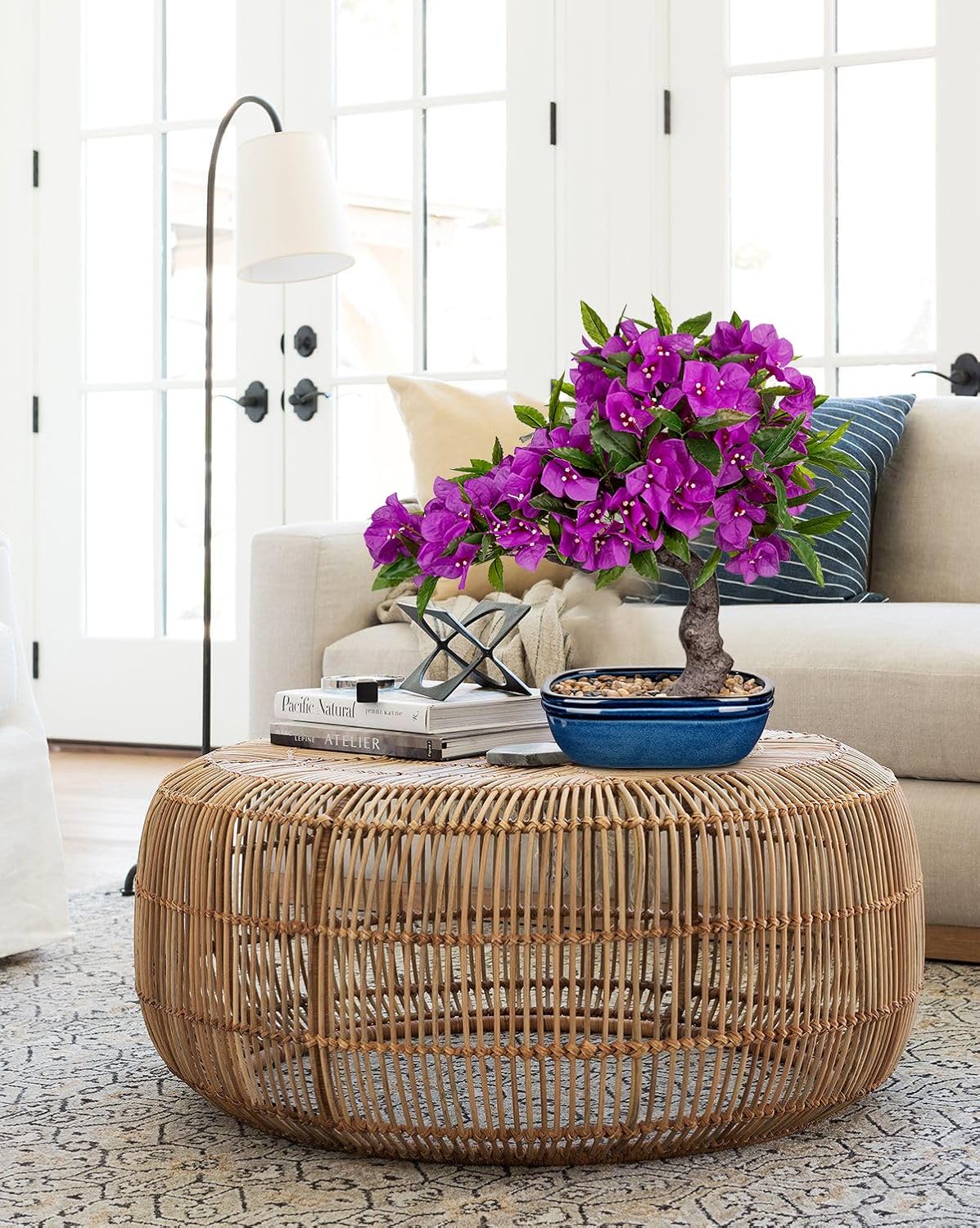 Artificial Bougainvillea Bonsai Tree 18.5" Silk Bougainvillea Plant with Blue Pot Fake Bougainvillea Floral Tree for Home Office Room Desk Shelf Zen Décor(Purple)