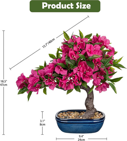 Artificial Bougainvillea Bonsai Tree 18.5" Silk Bougainvillea Plant with Blue Pot Fake Bougainvillea Floral Tree for Home Office Room Desk Shelf Zen Décor(Purple)
