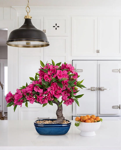 Artificial Bougainvillea Bonsai Tree 18.5" Silk Bougainvillea Plant with Blue Pot Fake Bougainvillea Floral Tree for Home Office Room Desk Shelf Zen Décor(Purple)