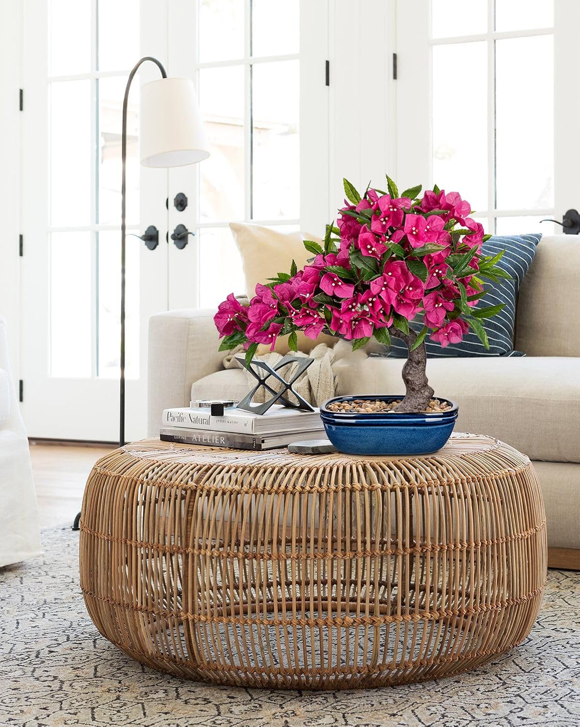 Artificial Bougainvillea Bonsai Tree 18.5" Silk Bougainvillea Plant with Blue Pot Fake Bougainvillea Floral Tree for Home Office Room Desk Shelf Zen Décor(Purple)