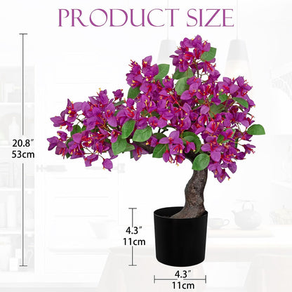 Artificial Bougainvillea Bonsai Tree 18.5" Silk Bougainvillea Plant with Blue Pot Fake Bougainvillea Floral Tree for Home Office Room Desk Shelf Zen Décor(Purple)