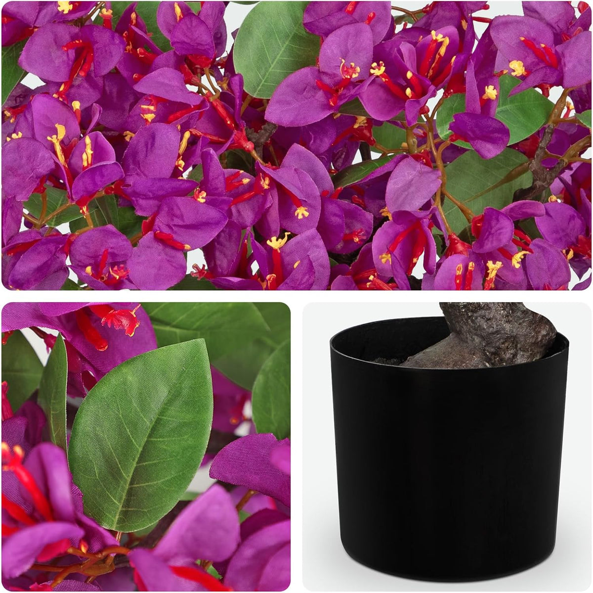 Artificial Bougainvillea Bonsai Tree 18.5" Silk Bougainvillea Plant with Blue Pot Fake Bougainvillea Floral Tree for Home Office Room Desk Shelf Zen Décor(Purple)