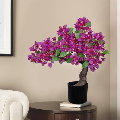 Artificial Bougainvillea Bonsai Tree 18.5" Silk Bougainvillea Plant with Blue Pot Fake Bougainvillea Floral Tree for Home Office Room Desk Shelf Zen Décor(Purple)