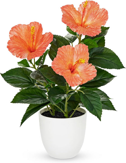 Artificial Hibiscus Plant in Pot, 14.5" Faux Peach Hibiscus Flowers