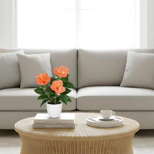 Artificial Hibiscus Plant in Pot, 14.5" Faux Peach Hibiscus Flowers