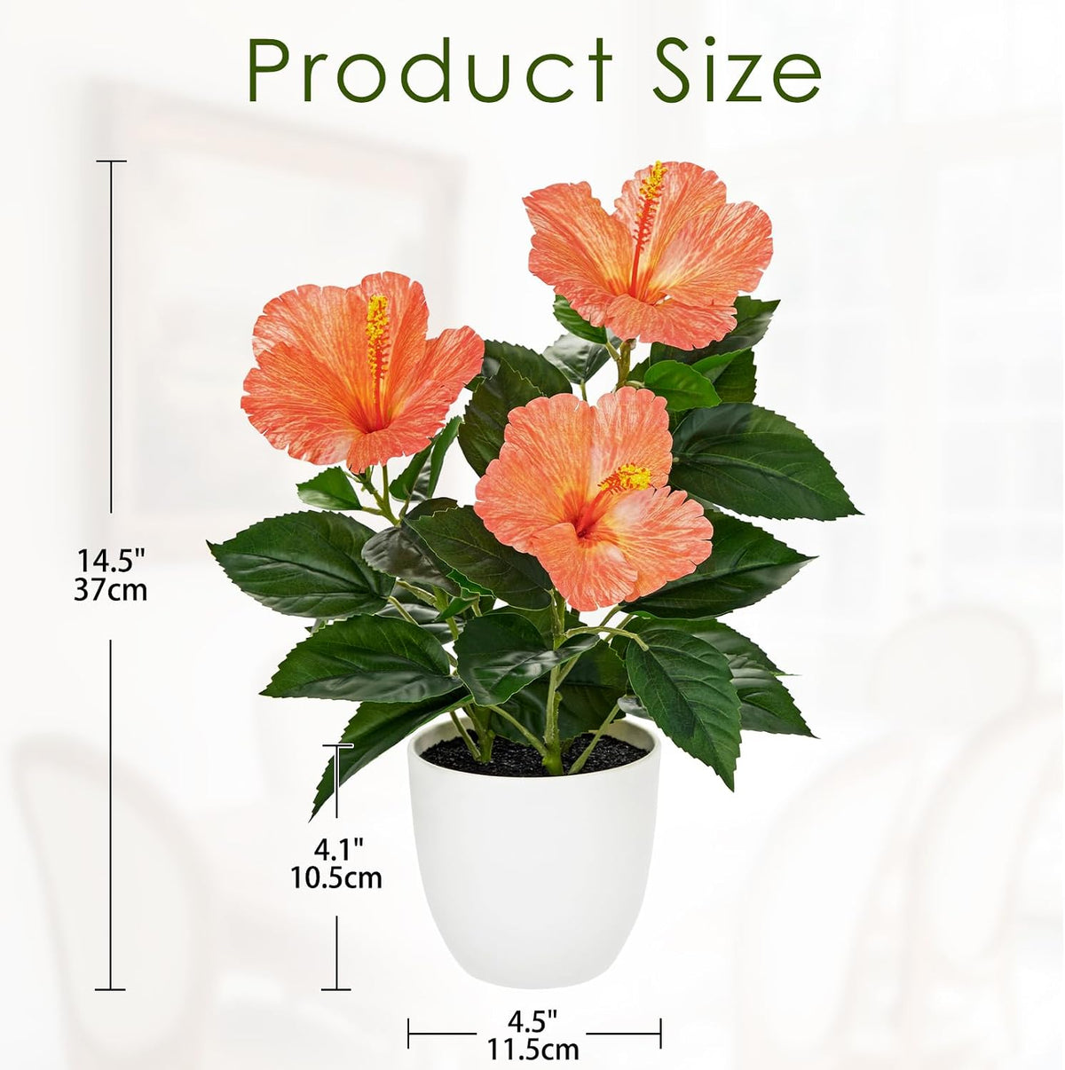 Artificial Hibiscus Plant in Pot, 14.5" Faux Peach Hibiscus Flowers