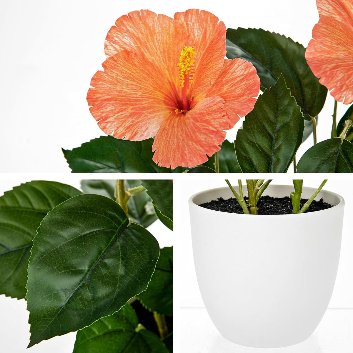 Artificial Hibiscus Plant in Pot, 14.5" Faux Peach Hibiscus Flowers
