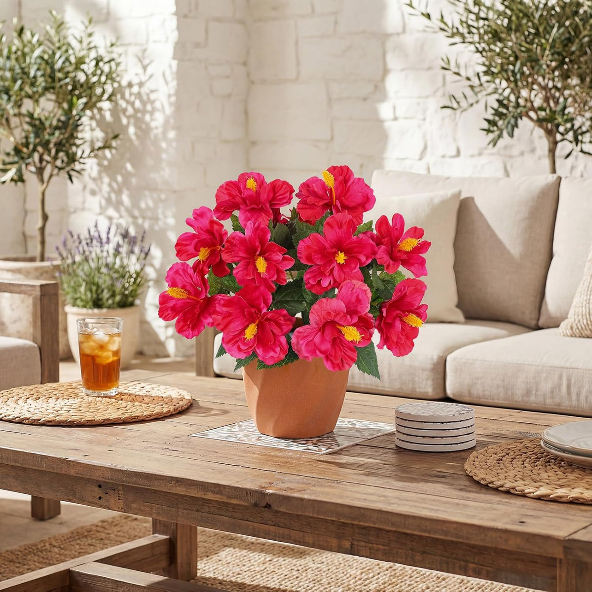 Artificial Hibiscus Plant in Pot, 14.5" Faux Peach Hibiscus Flowers
