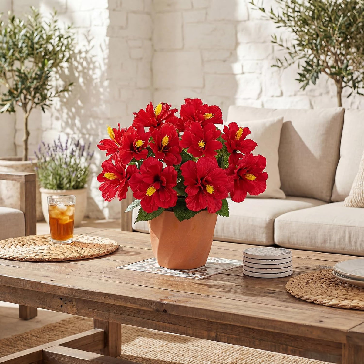 Artificial Hibiscus Plant in Pot, 14.5" Faux Peach Hibiscus Flowers