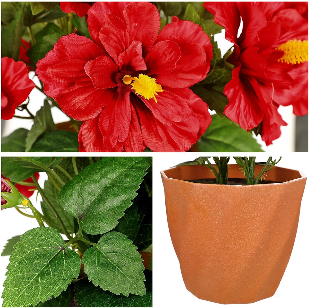 Artificial Hibiscus Plant in Pot, 14.5" Faux Peach Hibiscus Flowers