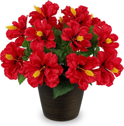 Artificial Hibiscus Plant in Pot, 14.5" Faux Peach Hibiscus Flowers