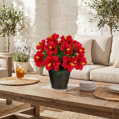 Artificial Hibiscus Plant in Pot, 14.5" Faux Peach Hibiscus Flowers
