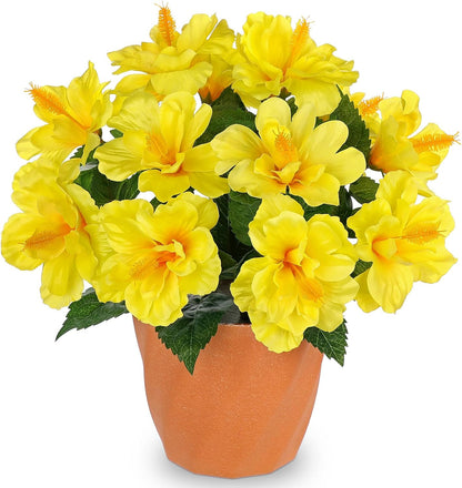 Artificial Hibiscus Plant in Pot, 14.5" Faux Peach Hibiscus Flowers