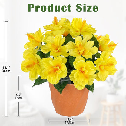 Artificial Hibiscus Plant in Pot, 14.5" Faux Peach Hibiscus Flowers