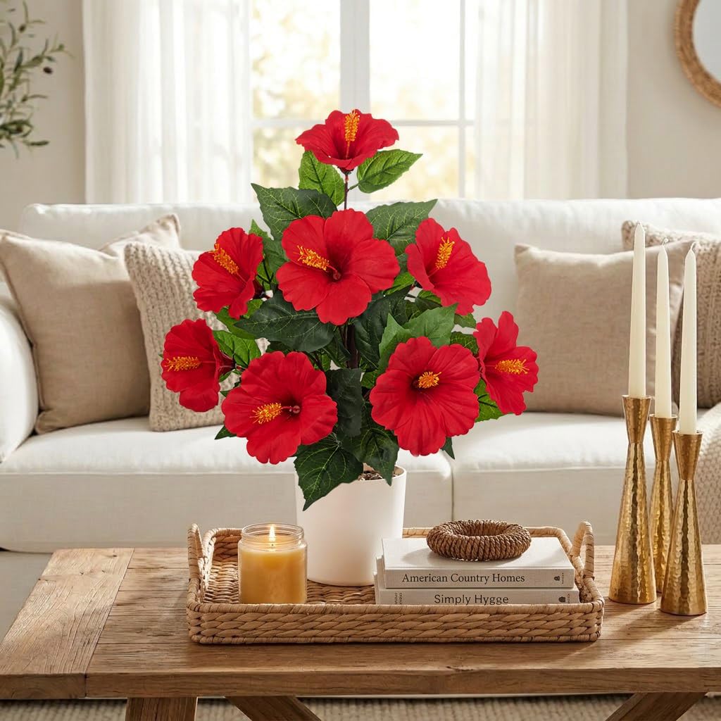 Artificial Hibiscus Plant in Pot, 14.5" Faux Peach Hibiscus Flowers