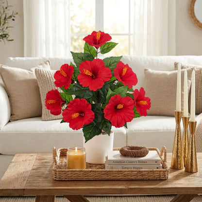 Artificial Hibiscus Plant in Pot, 14.5" Faux Peach Hibiscus Flowers
