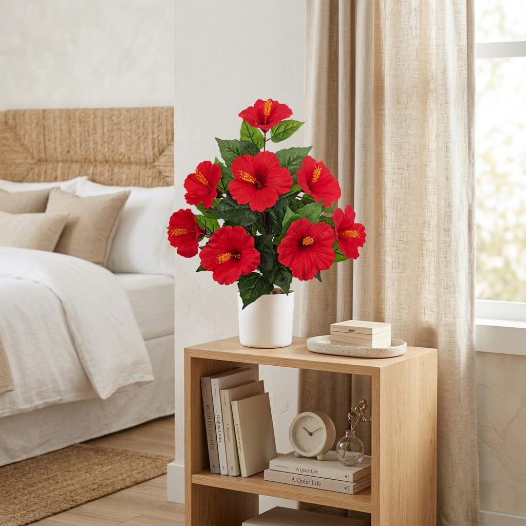 Artificial Hibiscus Plant in Pot, 14.5" Faux Peach Hibiscus Flowers
