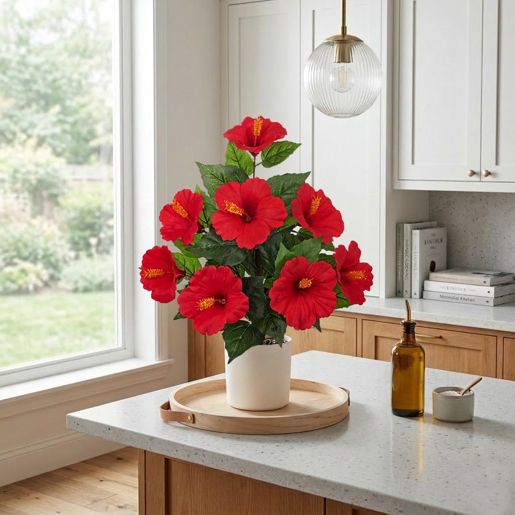 Artificial Hibiscus Plant in Pot, 14.5" Faux Peach Hibiscus Flowers