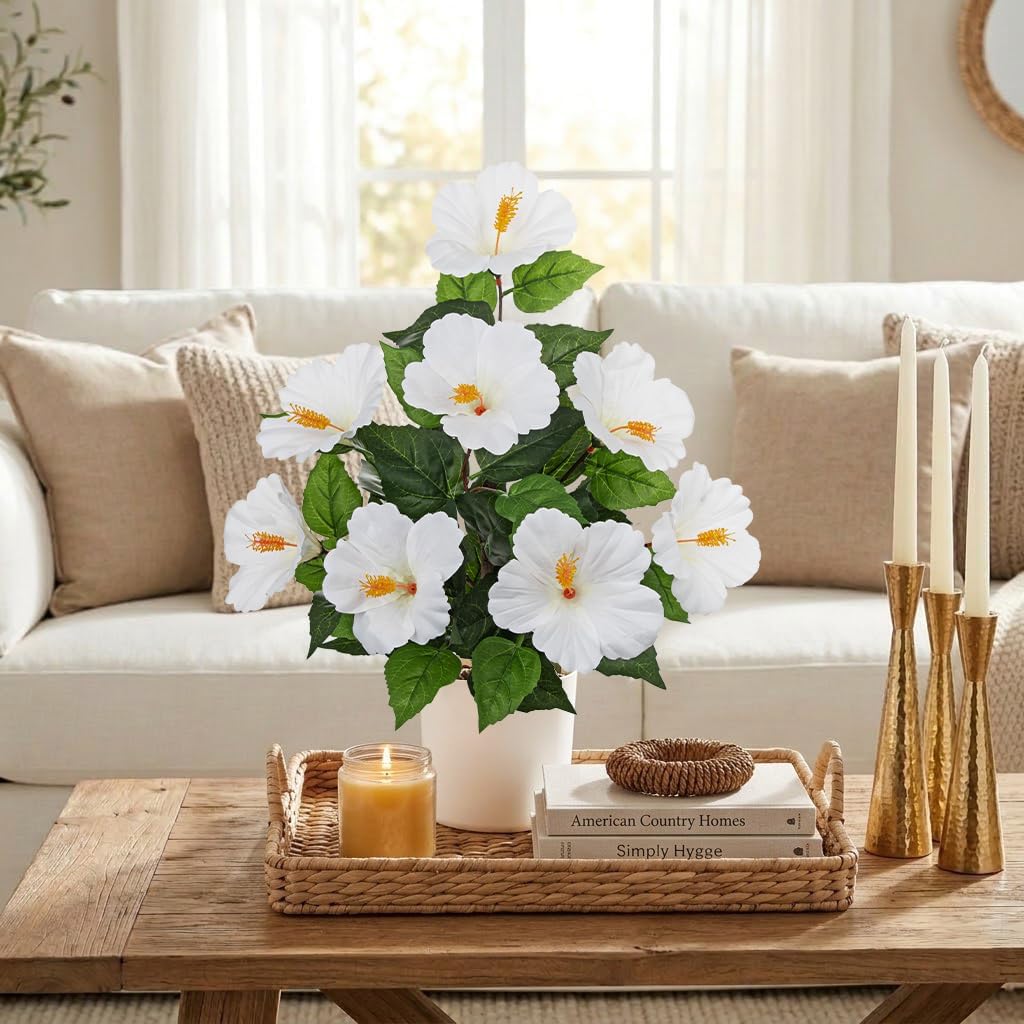 Artificial Hibiscus Plant in Pot, 14.5" Faux Peach Hibiscus Flowers