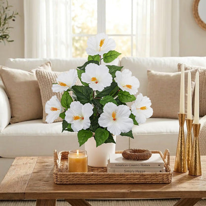 Artificial Hibiscus Plant in Pot, 14.5" Faux Peach Hibiscus Flowers