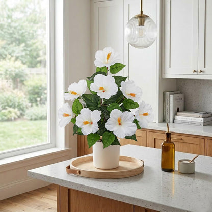 Artificial Hibiscus Plant in Pot, 14.5" Faux Peach Hibiscus Flowers