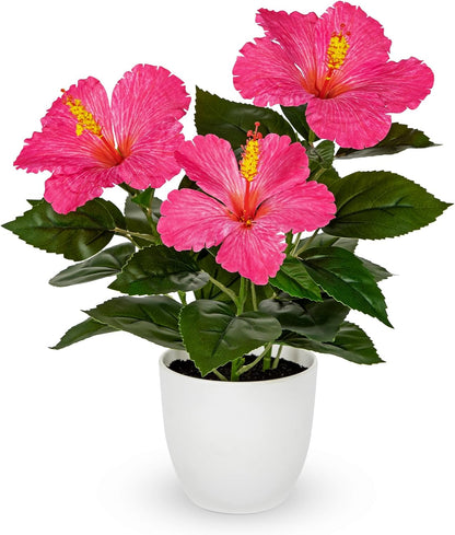 Artificial Hibiscus Plant in Pot, 14.5" Faux Peach Hibiscus Flowers
