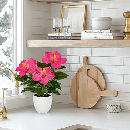 Artificial Hibiscus Plant in Pot, 14.5" Faux Peach Hibiscus Flowers