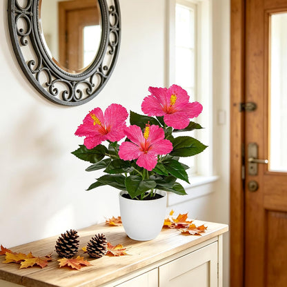 Artificial Hibiscus Plant in Pot, 14.5" Faux Peach Hibiscus Flowers