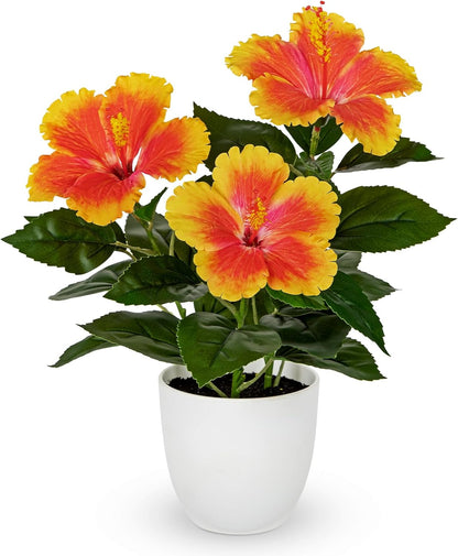 Artificial Hibiscus Plant in Pot, 14.5" Faux Peach Hibiscus Flowers