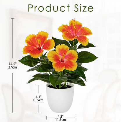 Artificial Hibiscus Plant in Pot, 14.5" Faux Peach Hibiscus Flowers