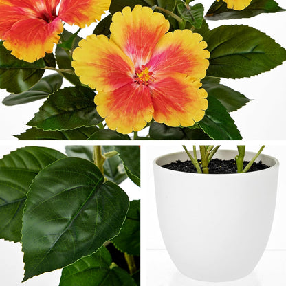 Artificial Hibiscus Plant in Pot, 14.5" Faux Peach Hibiscus Flowers