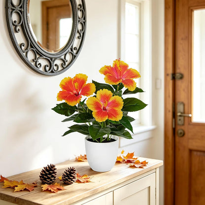 Artificial Hibiscus Plant in Pot, 14.5" Faux Peach Hibiscus Flowers