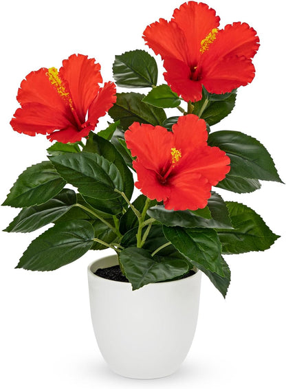 Artificial Hibiscus Plant in Pot, 14.5" Faux Peach Hibiscus Flowers
