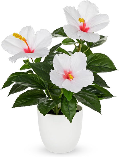 Artificial Hibiscus Plant in Pot, 14.5" Faux Peach Hibiscus Flowers