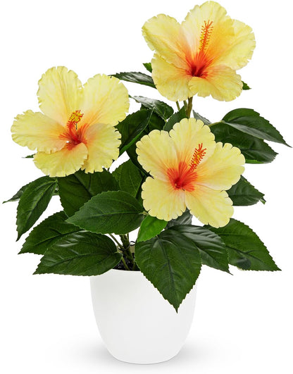 Artificial Hibiscus Plant in Pot, 14.5" Faux Peach Hibiscus Flowers